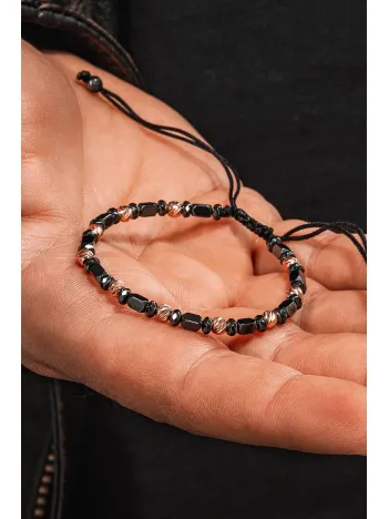 Kadın Erkek Gümüş Bileklik - Hematit Taşlı Gümüş Detaylı İnce Kibar Erkek Kadın Bileklik