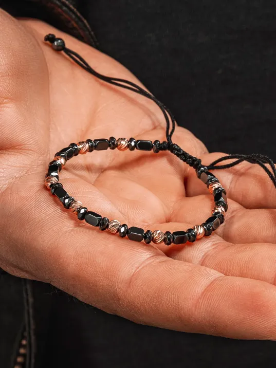 Kadın Erkek Gümüş Bileklik - Hematit Taşlı Gümüş Detaylı İnce Kibar Erkek Kadın Bileklik