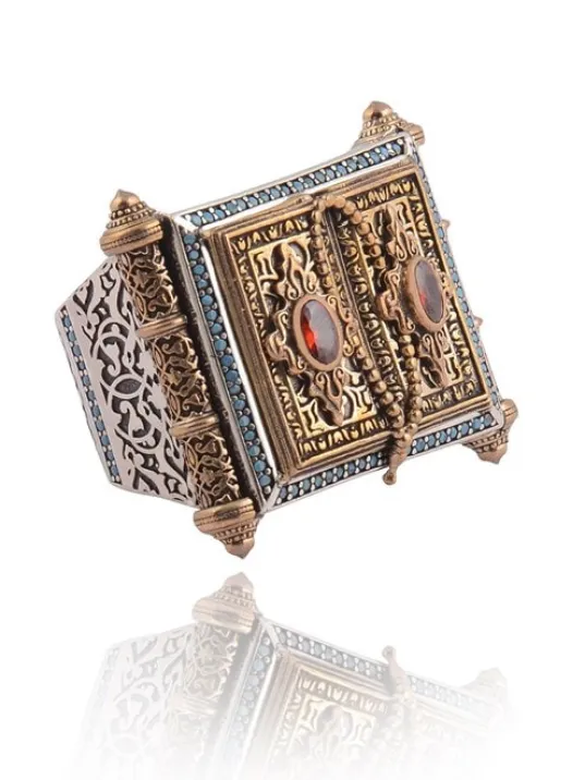 Kitab-ı Kut Turkuaz ve Yakut Taşlı Özel Seri Koleksyonluk Gümüş Erkek Yüzük