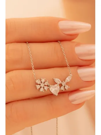 Kadın Gümüş Kolye - Zirkon Taşlı Kar Tanesi Ve Kalp Motifli Gümüş Kolye