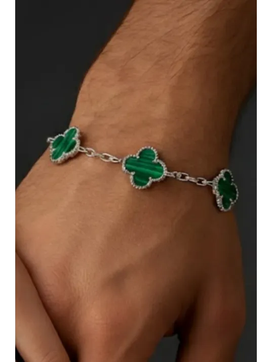 Erkek 925 Ayar Gümüş Yeşil Malahit Taşlı Yonca Model Zincir Bileklik