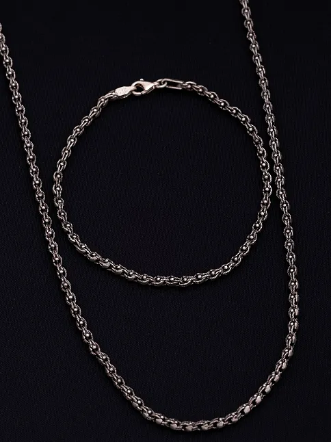 Erkek Gümüş Kolye Bileklik Set - 3mm Pullu Arnavut Zinciri Gümüş Kolye Bileklik Set