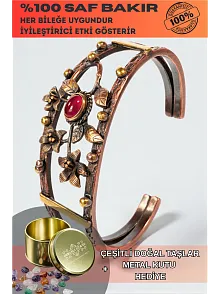 Kadın Bakır Bileklik - Kırmızı Akik Taşlı Oval Model Çiçek Motif Bilezik Metal Kutu ve Doğal Taş