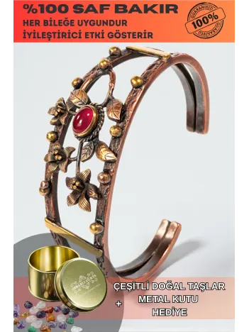 Kadın Bakır Bileklik - Kırmızı Akik Taşlı Oval Model Çiçek Motif Bilezik Metal Kutu ve Doğal Taş