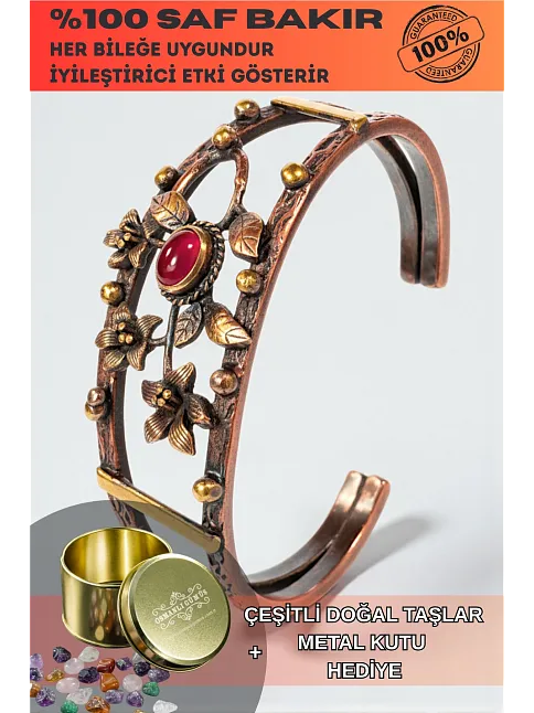 Kadın Bakır Bileklik - Kırmızı Akik Taşlı Oval Model Çiçek Motif Bilezik Metal Kutu ve Doğal Taş