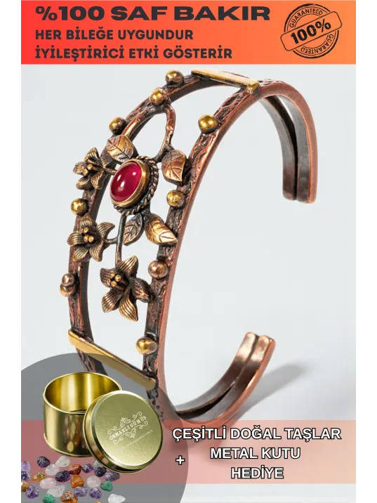 Kadın Bakır Bileklik - Kırmızı Akik Taşlı Oval Model Çiçek Motif Bilezik Metal Kutu ve Doğal Taş