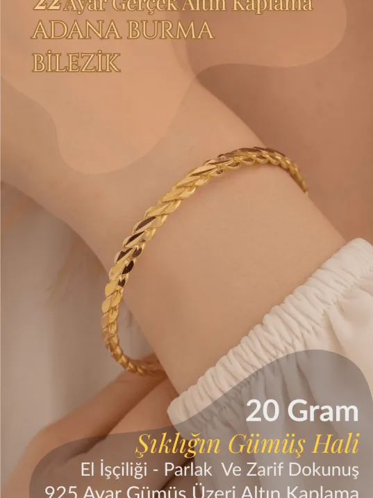 Adana Burma 22 Ayar Altın Kaplama Gümüş Bilezik 20 gr