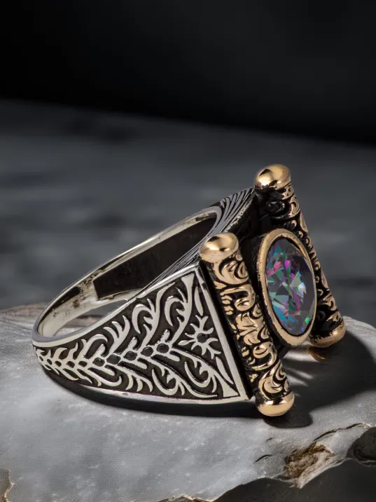 Erkek Mistik Topaz Taşlı Kitap Motifli 925 Ayar Gümüş Yüzük