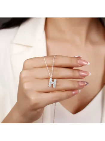 Kadın Gümüş Kolye - H Harfi Zirkon Taşlı Balon Harf Kadın Kolye