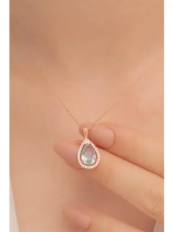 Damla Model Turkuaz Zirkon Taşlı Bayan 925 Ayar Gümüş Kolye GKLDMLAZRCN-ALT