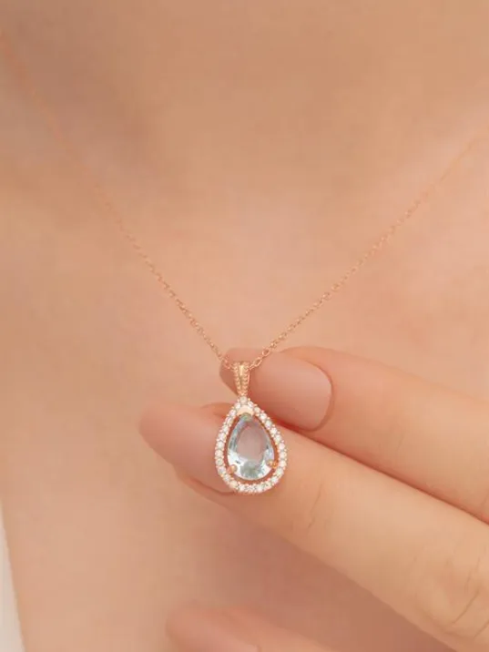 Damla Model Turkuaz Zirkon Taşlı Bayan 925 Ayar Gümüş Kolye GKLDMLAZRCN-ALT