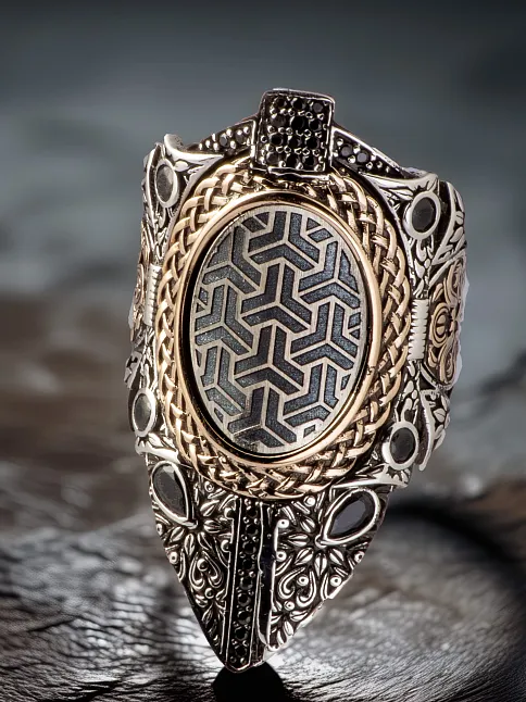 Erkek Omega Model Siyah Zirkon Taşlı 925 Ayar Gümüş Yüzük Zihgir Model