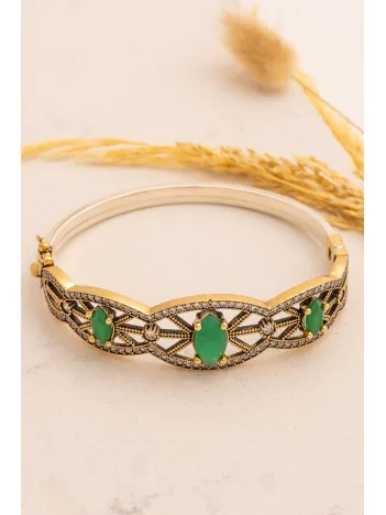 Kadın Gümüş Bileklik - Zümrüt Ve Zirkon Taşlı Otantik Gümüş Kelepçe Bileklik