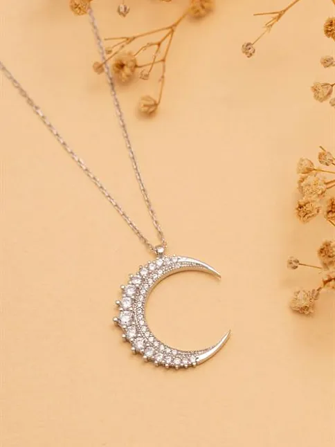 Zirkon Taşlı Hilal Model 2 Kadın Gümüş Kolye GKLGMSHLLM2-GMS