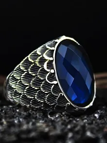 Erkek Gümüş Yüzük - Anka Model - Lacivert Safir Kristal Kesim Taşlı Özel Seri Erkek Gümüş Yüzük