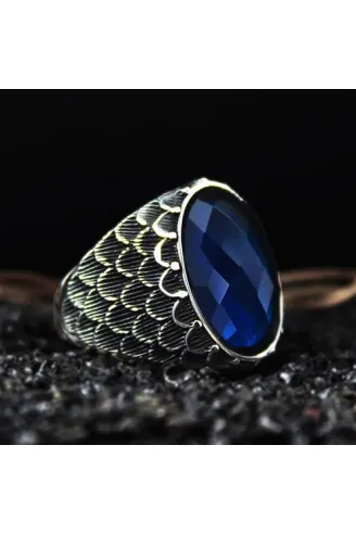 Erkek Gümüş Yüzük - Anka Model - Lacivert Safir Kristal Kesim Taşlı Özel Seri Erkek Gümüş Yüzük
