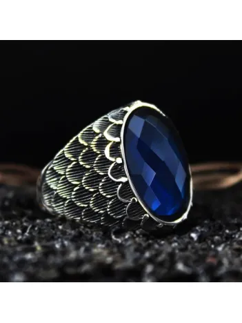 Erkek Gümüş Yüzük - Anka Model - Lacivert Safir Kristal Kesim Taşlı Özel Seri Erkek Gümüş Yüzük