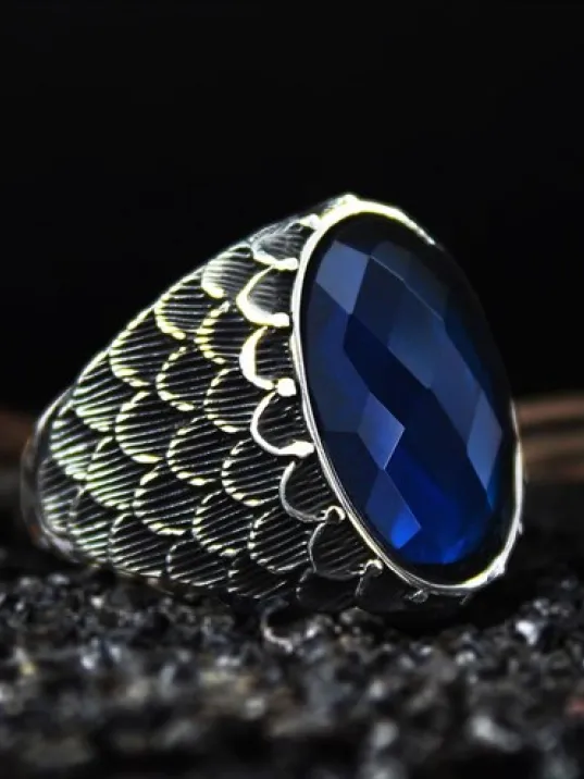 Erkek Gümüş Yüzük - Anka Model - Lacivert Safir Kristal Kesim Taşlı Özel Seri Erkek Gümüş Yüzük