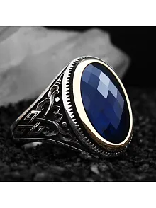Lacivert Safir Kristal Kesim Taşlı Özel Seri Erkek Gümüş Yüzük