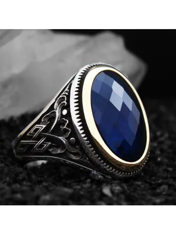 Lacivert Safir Kristal Kesim Taşlı Özel Seri Erkek Gümüş Yüzük
