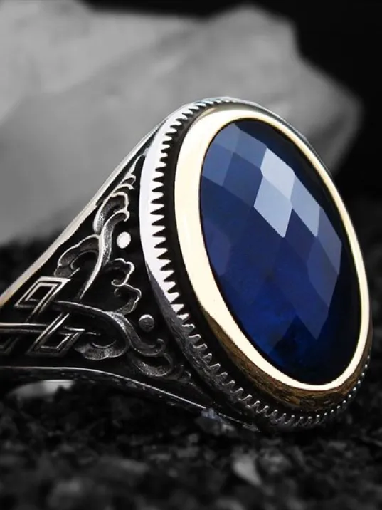 Lacivert Safir Kristal Kesim Taşlı Özel Seri Erkek Gümüş Yüzük