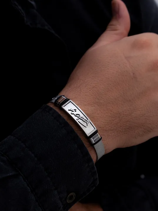 Erkek Çelik Bileklik - Mustafa Kemal Atatürk İmzalı Hasır Model Çelik Bileklik