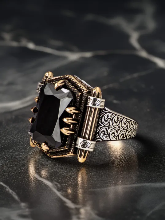 Erkek Siyah Oniks Taşlı Kitap Model 925 Ayar Gümüş Yüzük