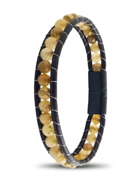 Erkek Doğaltaş Bileklik - 6Mm Damarlı Faset Kesim Doğal Kahverengi Akik Taşlı Deri Kordon Bileklik