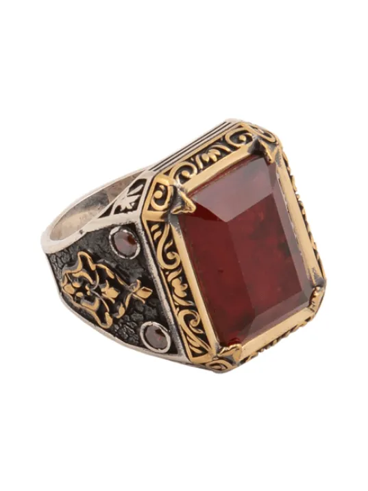 Kırmızı Paraiba Taşlı Zirkon İşlemeli 925 Ayar Gümüş Erkek Yüzük GYZMINELIYZ-KRS