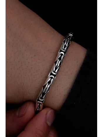 Erkek Gümüş Bileklik - 6 mm Özel Kilit Tasarımlı Yuvarlak Kesim Kral Model Gümüş Bileklik