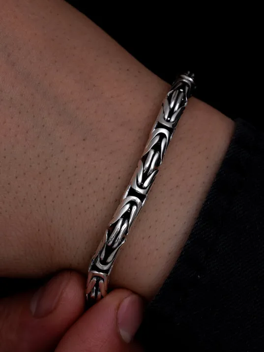 Erkek Gümüş Bileklik - 6 mm Özel Kilit Tasarımlı Yuvarlak Kesim Kral Model Gümüş Bileklik