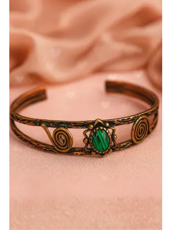 Kadın Bakır Bileklik - Yeşil Malahit (Malakit) Doğal Taşlı Otantik Model El İşçiliği Tasarım Bilezik