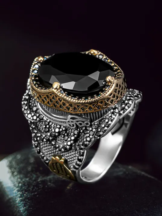 Erkek Gümüş Yüzük - Siyah Oniks Taşı  Kılıç Temalı Erkek Yüzük