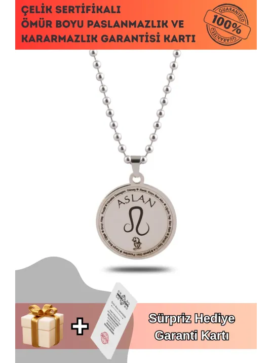 Aslan Burcu Kolyesi Kadın Erkek Çelik Kolye Top Zincir CKLASLANBRC-GMS