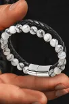Erkek Çelik Bileklik - Damarlı Doğal Ay Taşı ve Boncuk Deri Örgülü Erkek Bileklik