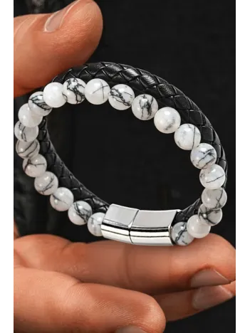 Erkek Çelik Bileklik - Damarlı Doğal Ay Taşı ve Boncuk Deri Örgülü Erkek Bileklik