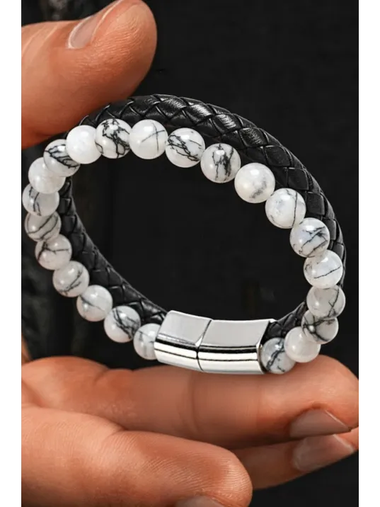 Erkek Çelik Bileklik - Damarlı Doğal Ay Taşı ve Boncuk Deri Örgülü Erkek Bileklik