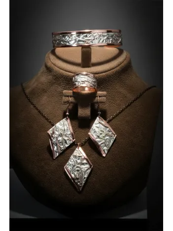 Kadın Bakır Set - Beyaz Yıldız Tozu Model Bakır Kadın Kolye Bileklik Yüzük Küpe Set