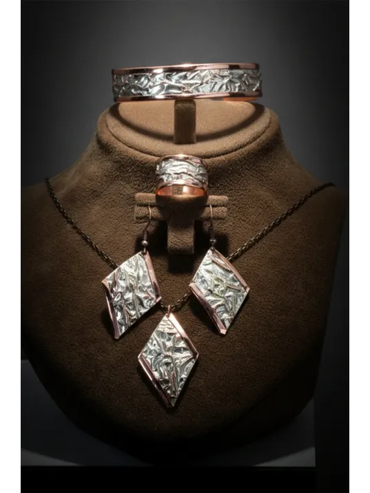 Kadın Bakır Set - Beyaz Yıldız Tozu Model Bakır Kadın Kolye Bileklik Yüzük Küpe Set