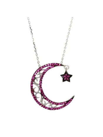 Kırmızı Zirkon Taşlı Ay Yıldız Bayan Gümüş Kolye