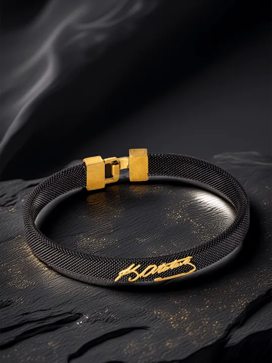 Erkek Çelik Bileklik - Altın Kaplama Mustafa Kemal Atatürk İmzası Yazılı Siyah Hasır Model Bileklik