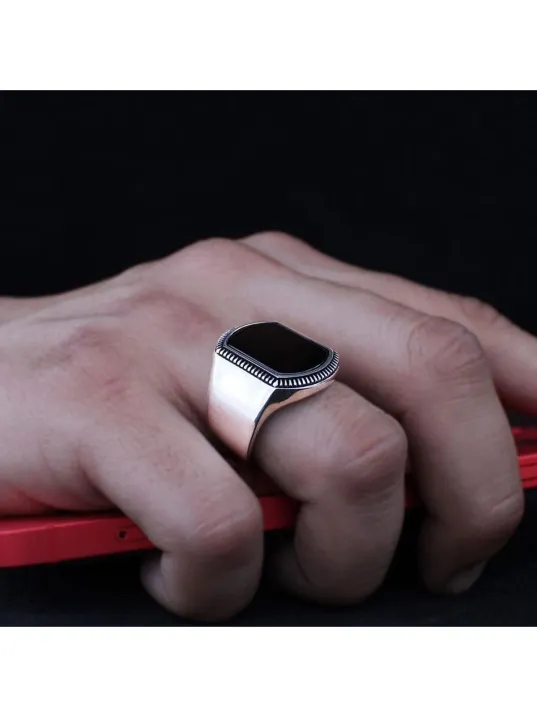 Siyah Oniks Taşlı Sade Özel Seri Erkek Gümüş Yüzük- Ey3091