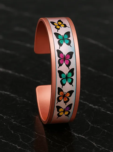 Kadın Bakır Bileklik Yüzük Set - Butterfly Model Özel Baskı Metal Kutu Ve Kuvars Taşı