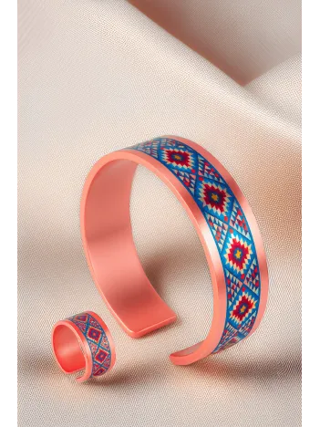 Kadın Bakır Bileklik Yüzük Set - Dolores Model Özel Baskı Metal Kutu Ve Kuvars Taşı