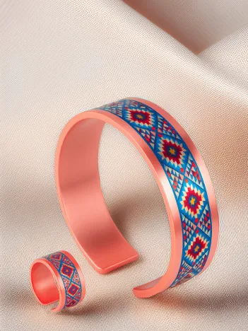 Kadın Bakır Bileklik Yüzük Set - Dolores Model Özel Baskı Metal Kutu Ve Kuvars Taşı