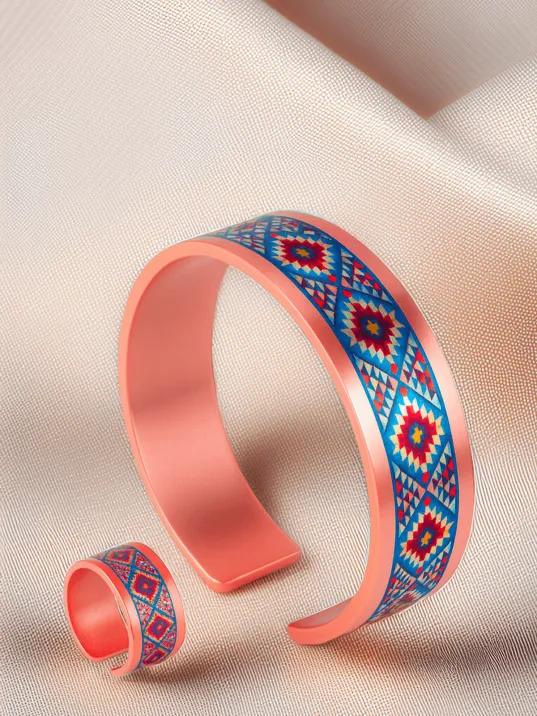 Kadın Bakır Bileklik Yüzük Set - Dolores Model Özel Baskı Metal Kutu Ve Kuvars Taşı