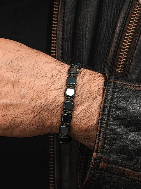 Erkek Kadın Doğal Taş Bileklik - Siyah Hematit Doğal Taşlı Yeşil Makrome Model 2 Unisex Bileklik