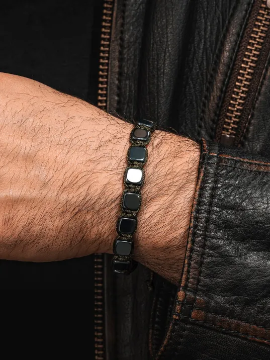 Erkek Kadın Doğal Taş Bileklik - Siyah Hematit Doğal Taşlı Yeşil Makrome Model 2 Unisex Bileklik