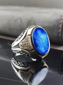 Mikro Taşlı Mavi Kehribar Gümüş Erkek Yüzük GYZGMSBGUMU