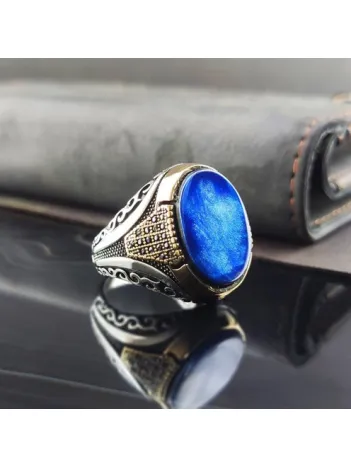 Mikro Taşlı Mavi Kehribar Gümüş Erkek Yüzük GYZGMSBGUMU